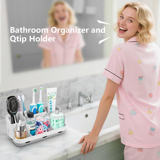 GFWARE 7-Slot Toothbrush Holder & Qtip Dispenser Set – Grey Marble
