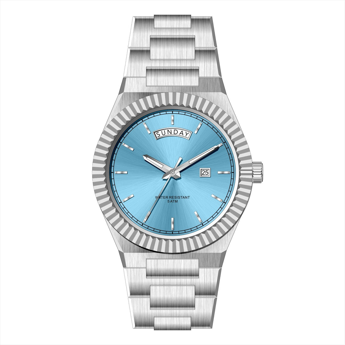 AURIXA IB – Men’s Luxury Ice Blue Dial Stainless Steel Day-Date Watch