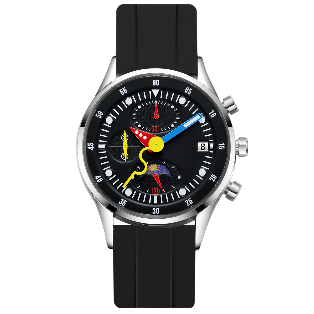 Wristwatch with a black strap and a unique face design on a white background