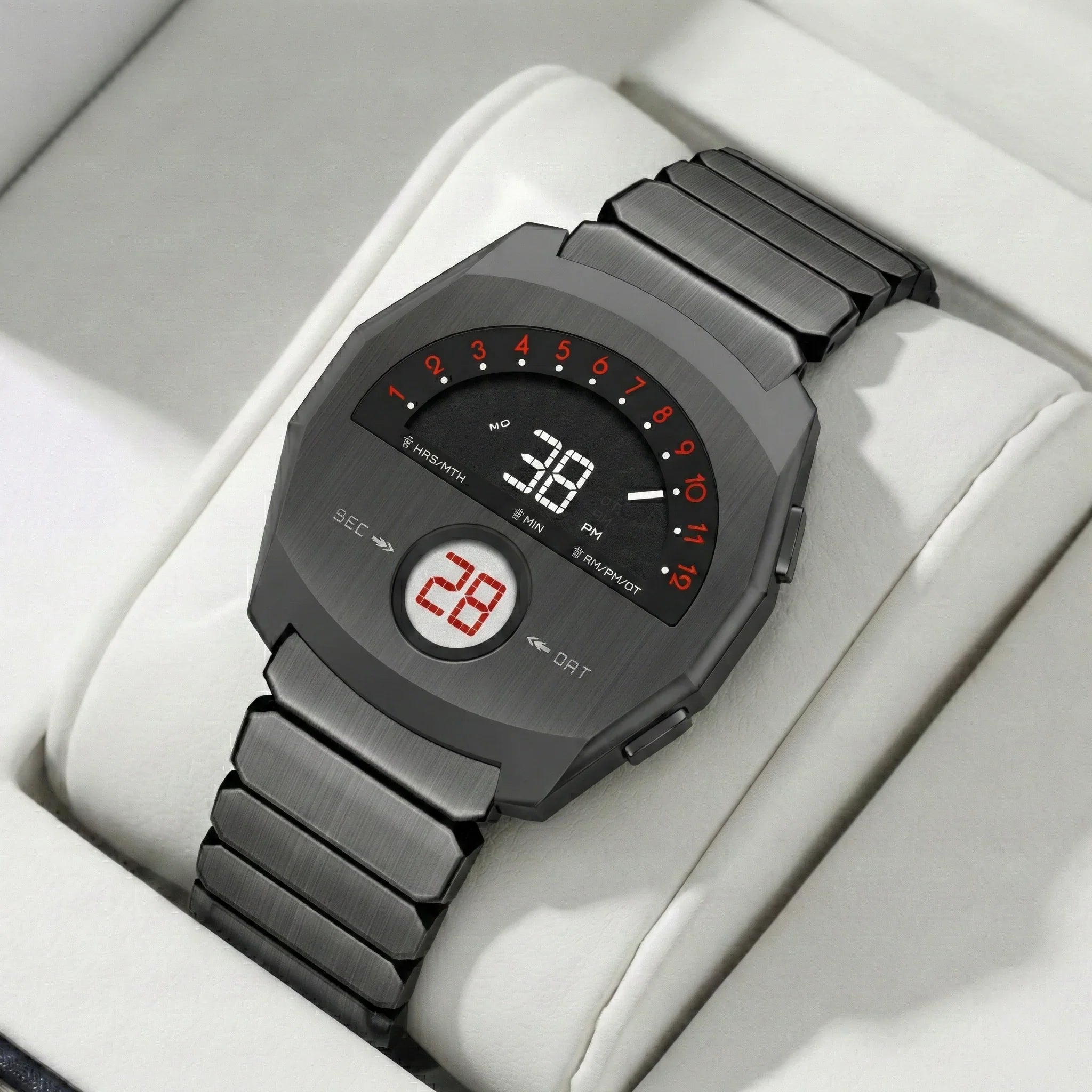 Giorgio Mareno NEPTIOR retro-futuristic metal digital dual display watch with sleek design and modern digital interface.
