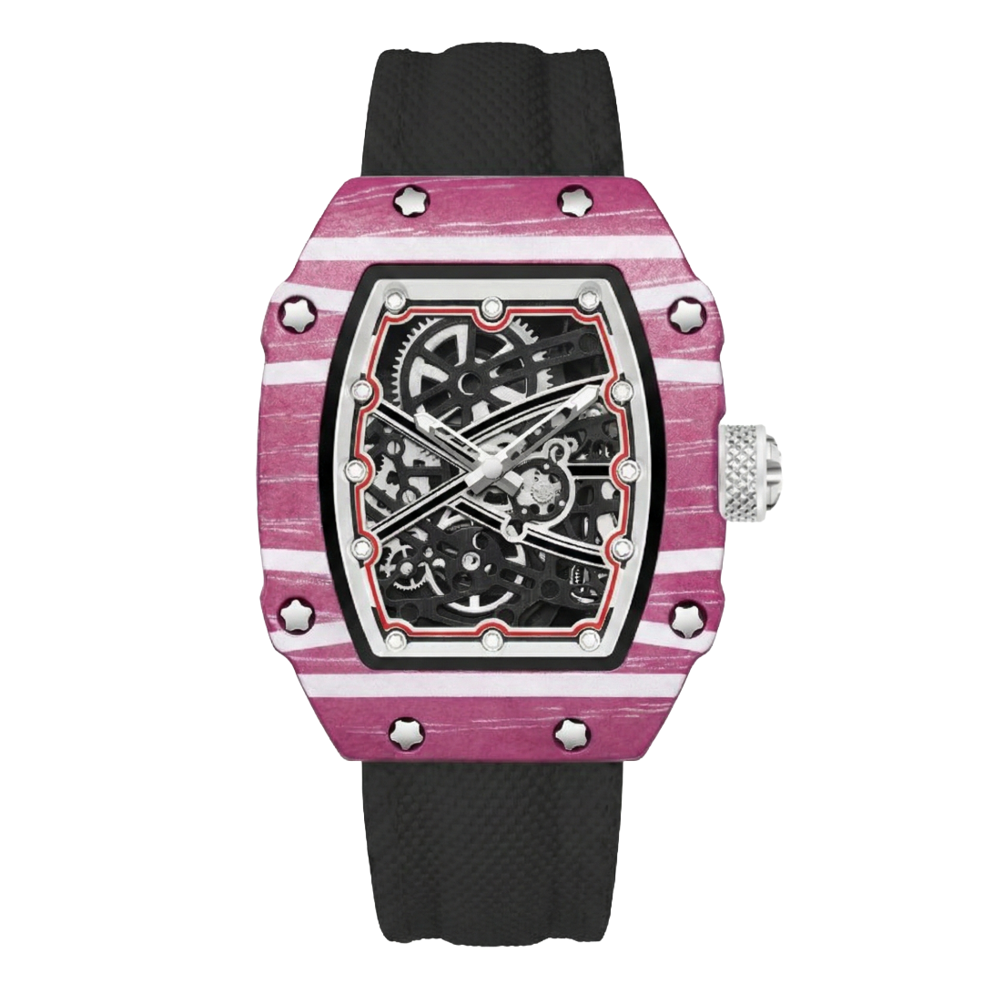 Giorgio Mareno KARYVEX Skeleton Tonneau Sport Watch with stainless steel case and black leather strap, showcasing its intricate dial design.
