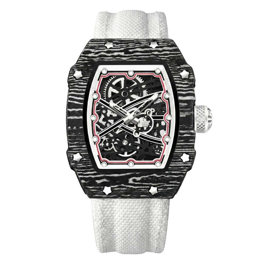 Giorgio Mareno KARYVEX Skeleton Tonneau Sport Watch with black dial and silver-tone case, showcasing intricate mechanical movement.