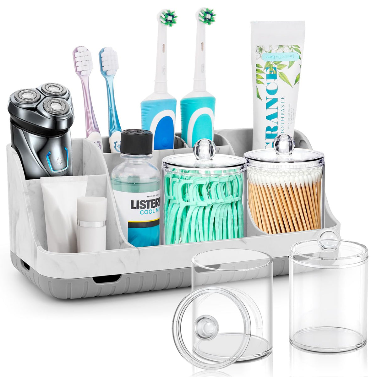 GFWARE 7-Slot Toothbrush Holder & Qtip Dispenser Set – Grey Marble