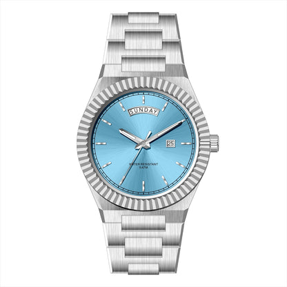 AURIXA IB – Men’s Luxury Ice Blue Dial Stainless Steel Day-Date Watch