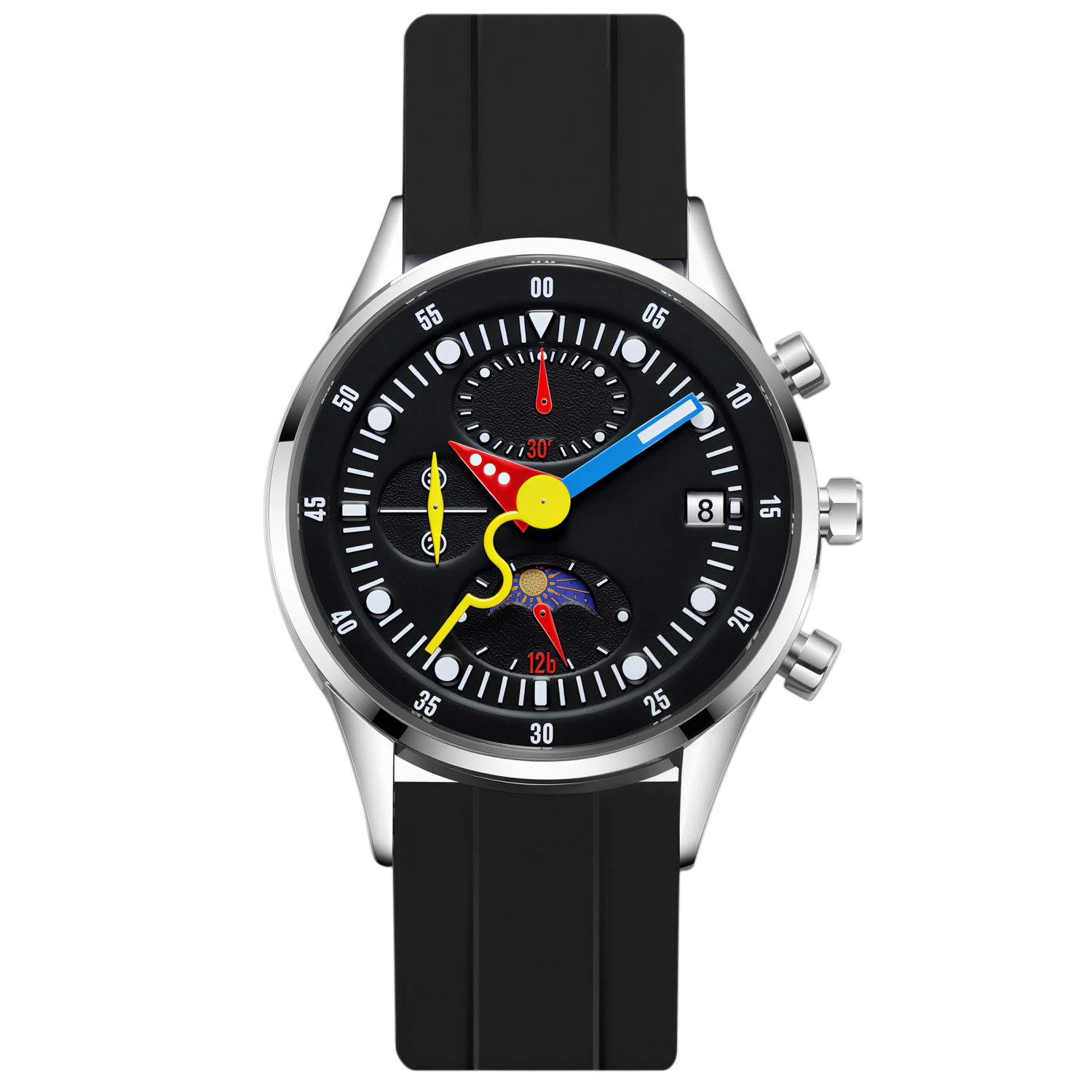 Wristwatch with a black strap and a unique face design on a white background
