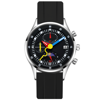Wristwatch with a black strap and a unique face design on a white background