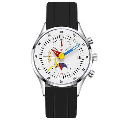 Wristwatch with black strap and colorful face on a white background