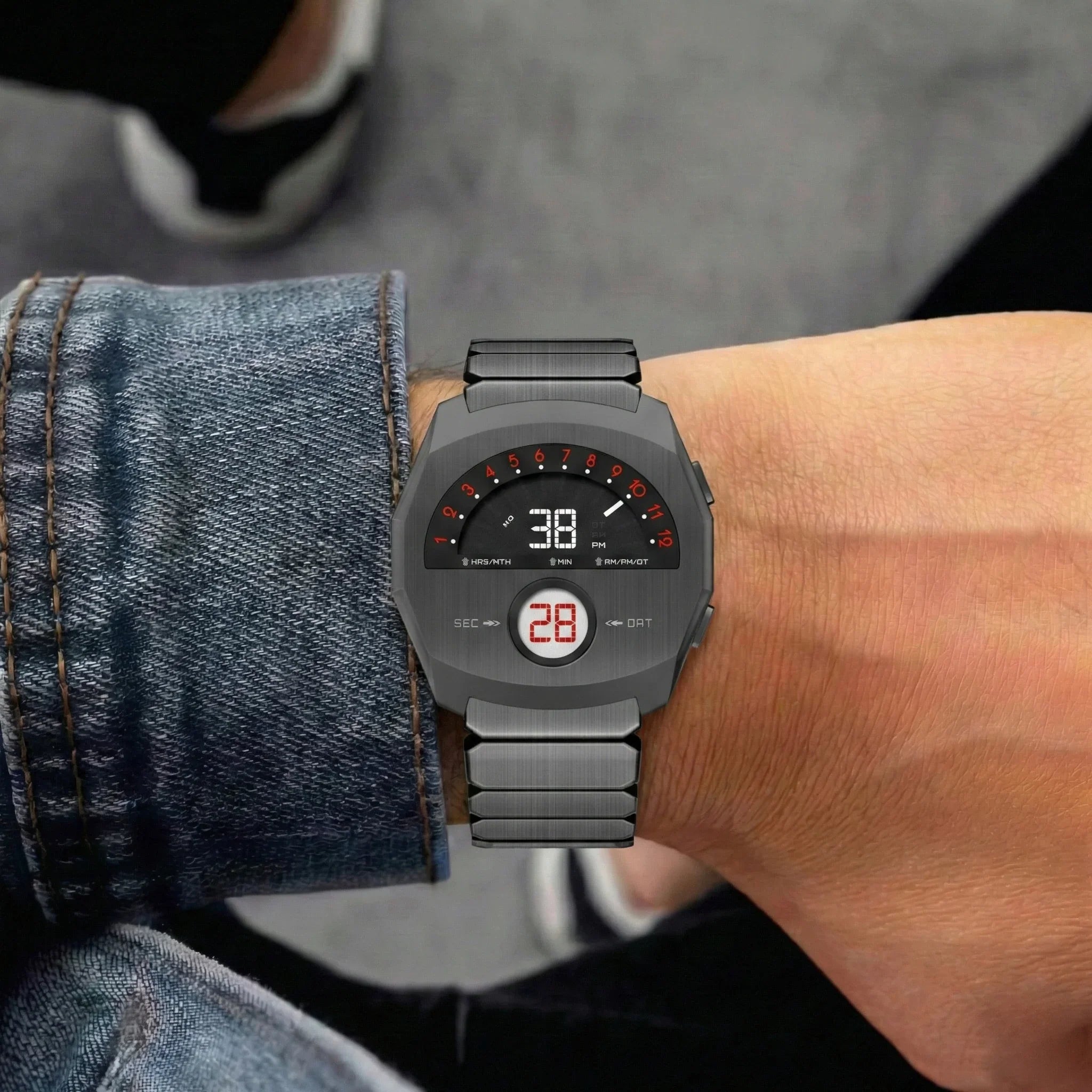 Giorgio Mareno NEPTIOR retro-futuristic metal digital dual display watch with sleek design and modern aesthetic.