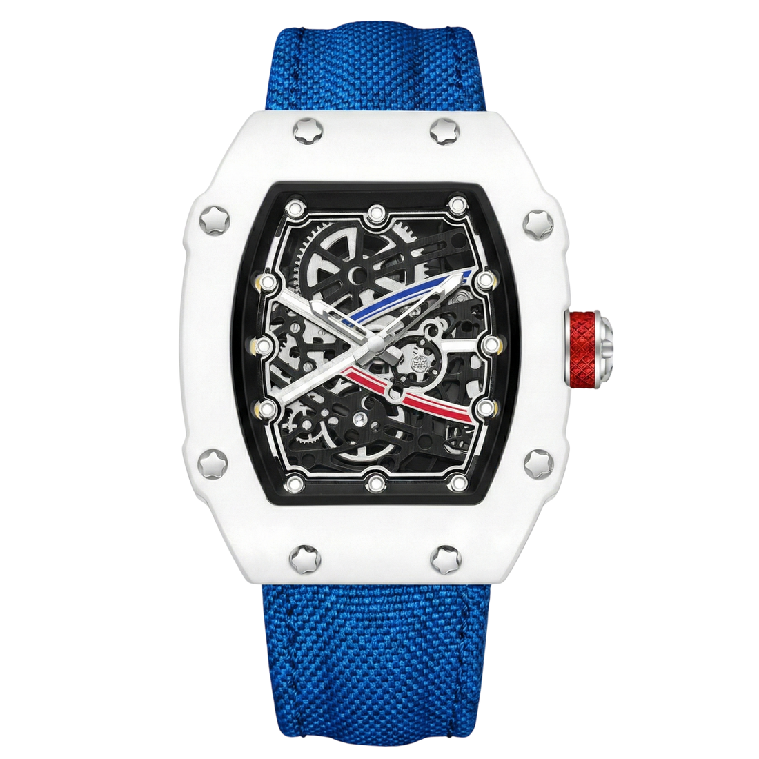 Skeleton Tonneau Sport Watch by GIORGIO MARENO featuring a skeleton dial and sporty design in a tonneau-shaped case.