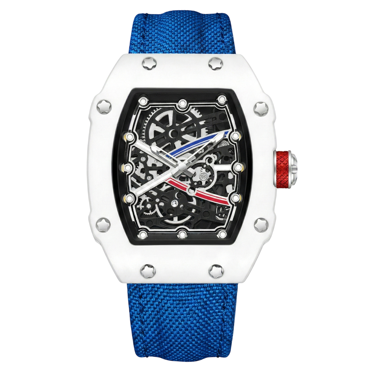 Skeleton Tonneau Sport Watch by GIORGIO MARENO featuring a skeleton dial and sporty design in a tonneau-shaped case.