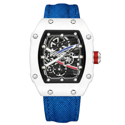 Skeleton Tonneau Sport Watch by GIORGIO MARENO featuring a skeleton dial and sporty design in a tonneau-shaped case.