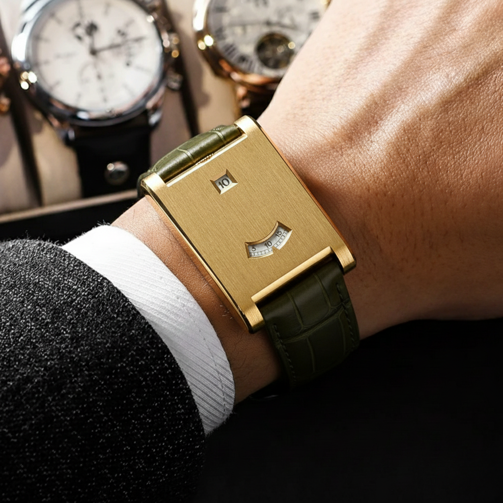 Rectangular GIORGIO MARENO DRYLAXO VX-580 dress watch with a sleek design and metallic strap, close-up view of the watch face.