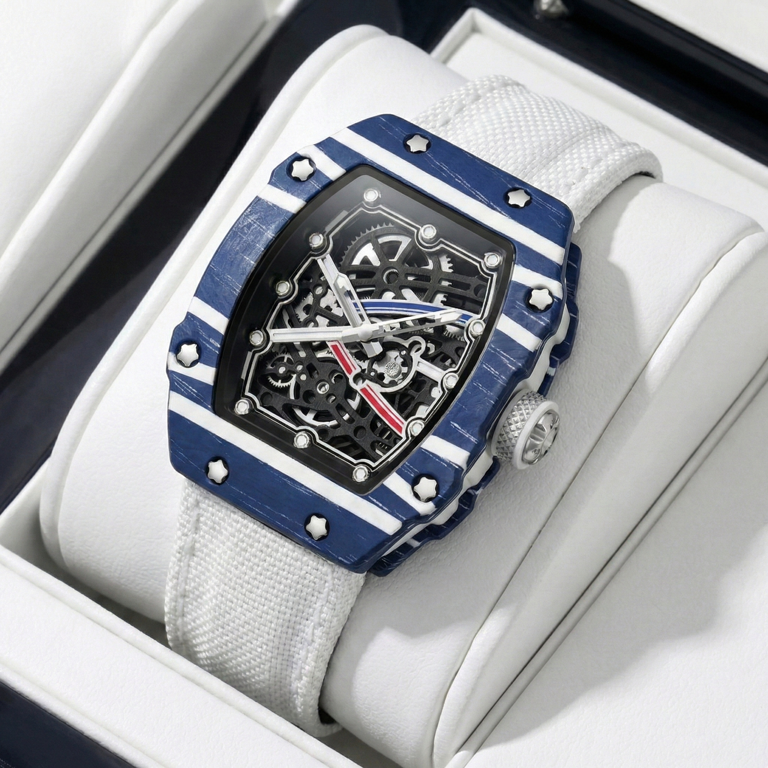 Skeleton Tonneau Sport Watch by GIORGIO MARENO featuring a skeleton dial, tonneau-shaped case, and sporty design.
