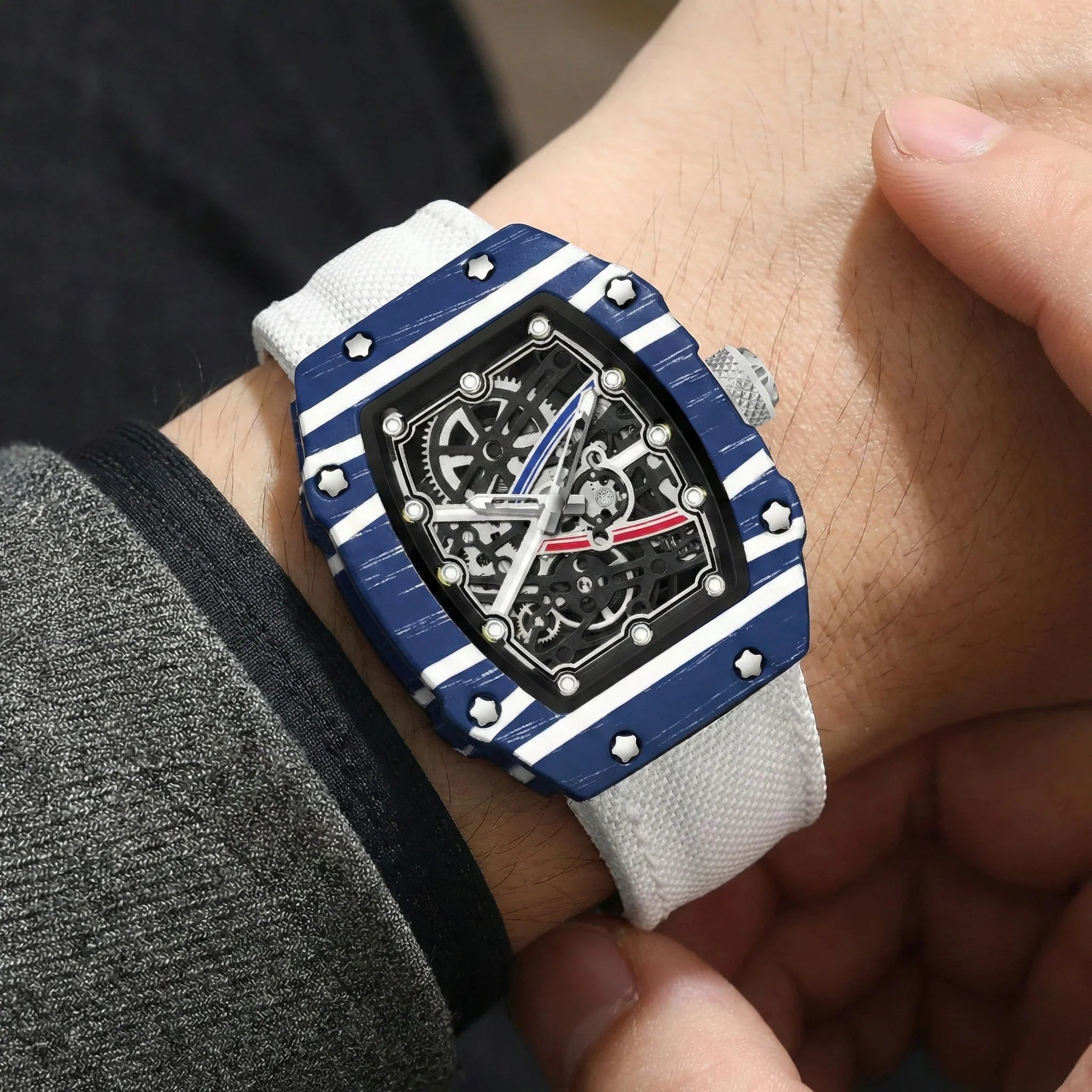Skeleton Tonneau Sport Watch by GIORGIO MARENO featuring a skeleton dial, tonneau-shaped case, and sporty design details.
