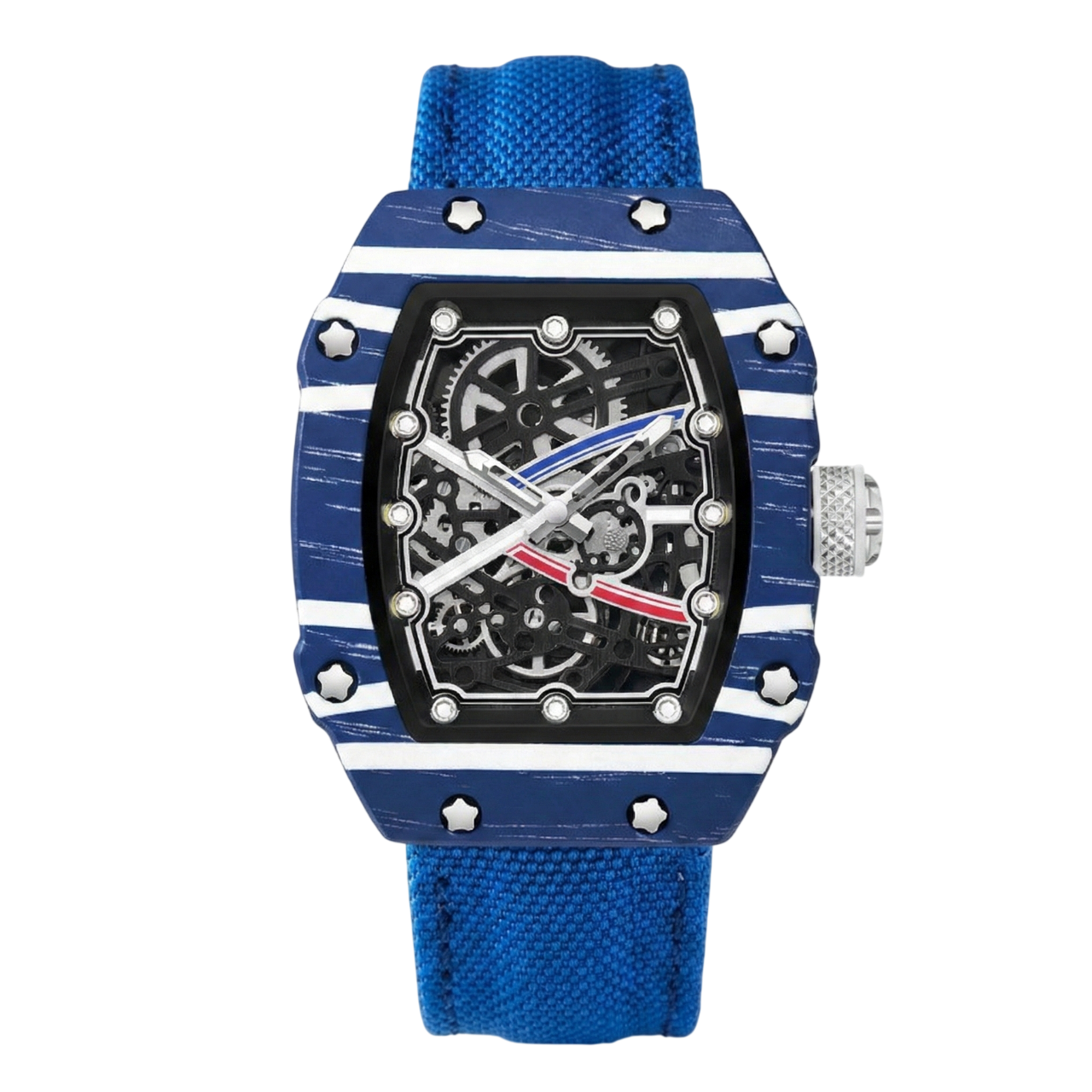 Giorgio Mareno KARYVEX Skeleton Tonneau Sport Watch with black dial and silver-tone case, featuring a skeleton movement design.