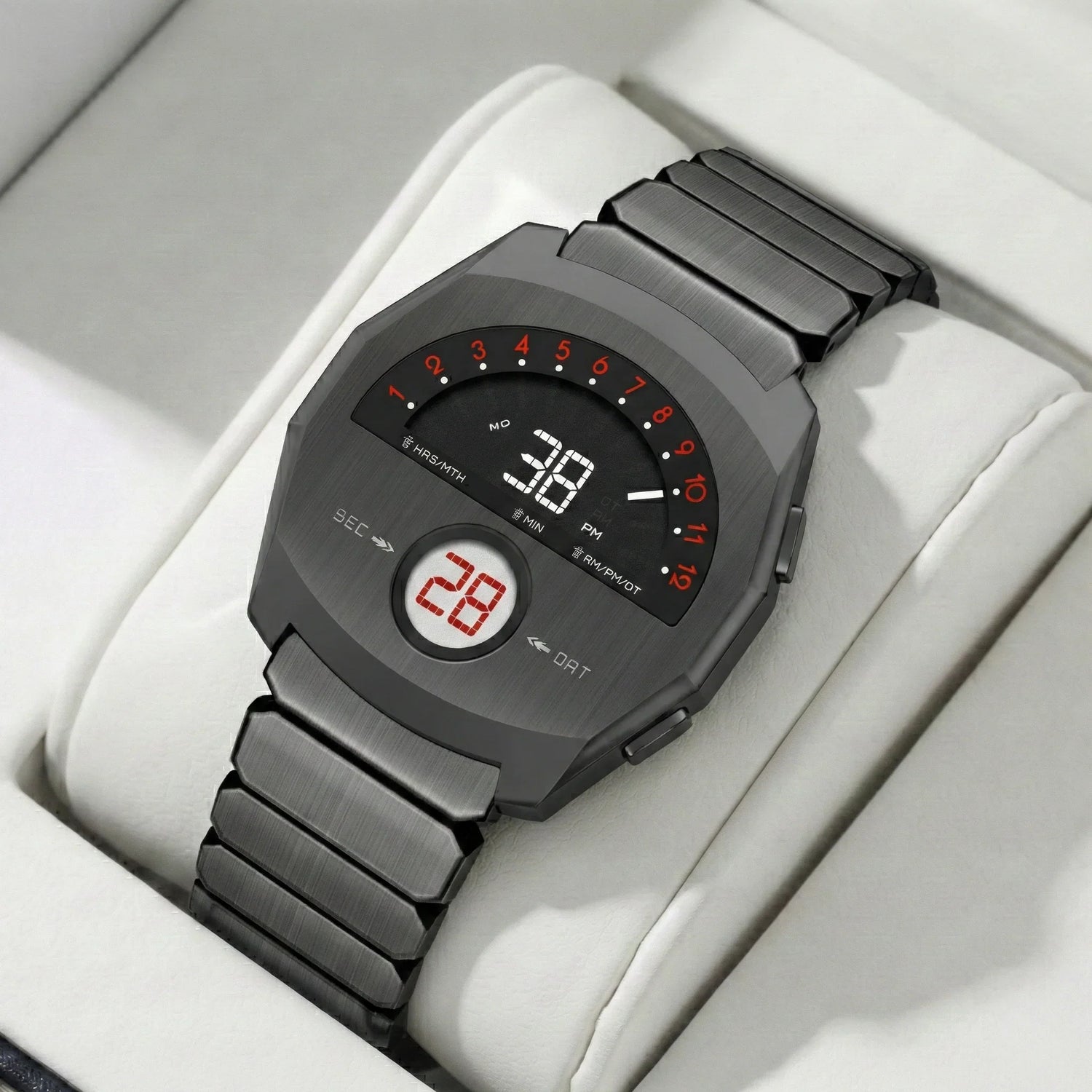 Giorgio Mareno NEPTIOR retro-futuristic metal digital dual display watch with sleek design and modern digital interface.