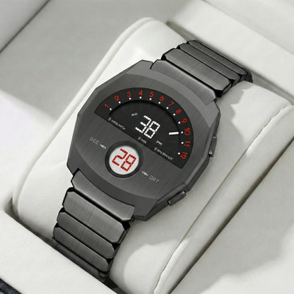Giorgio Mareno NEPTIOR retro-futuristic metal digital dual display watch with sleek design and modern digital interface.
