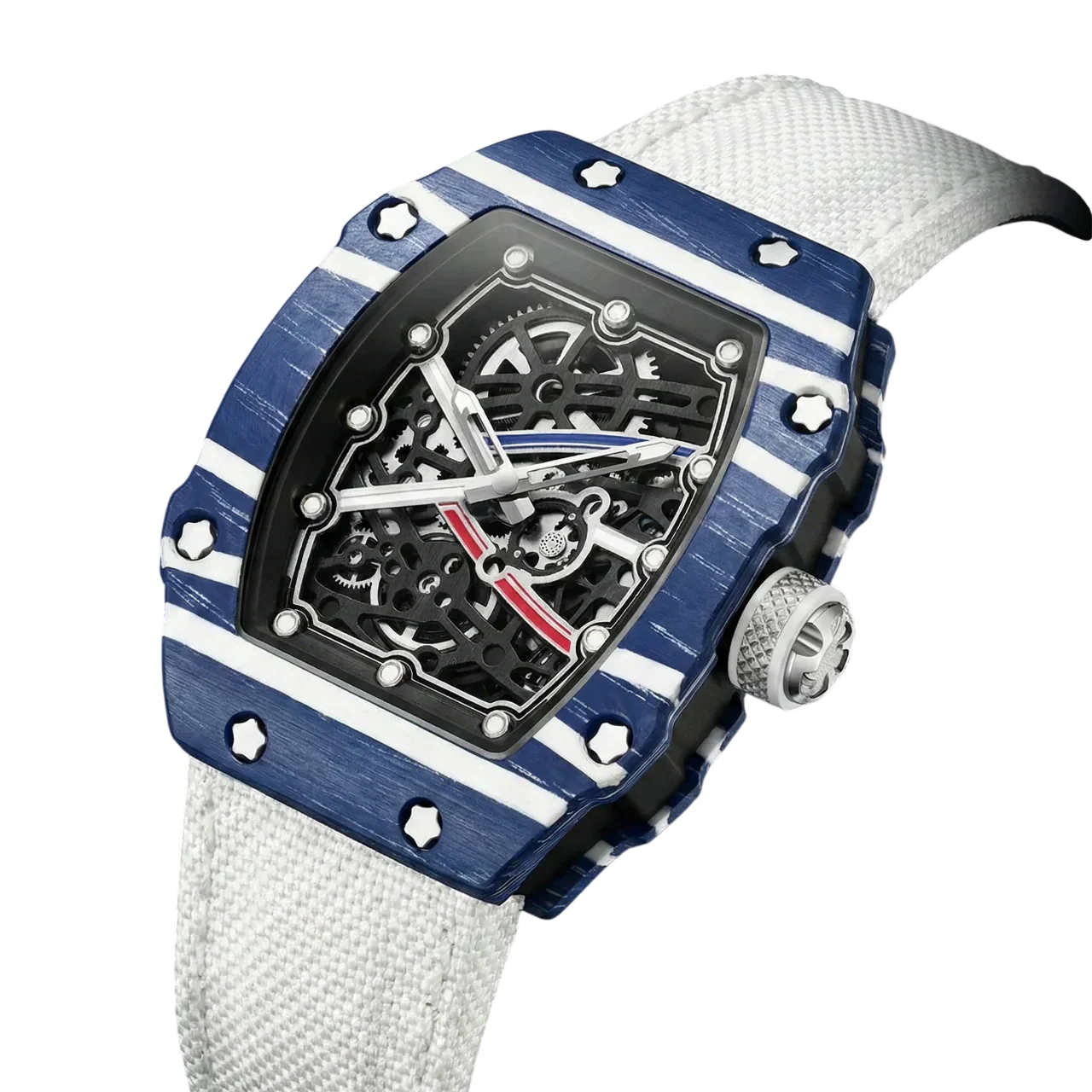 Skeleton Tonneau Sport Watch by GIORGIO MARENO featuring a skeleton dial and sporty design, displayed on a black background.