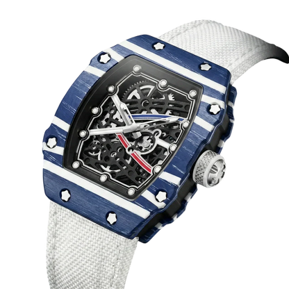 Skeleton Tonneau Sport Watch by GIORGIO MARENO featuring a skeleton dial and sporty design, displayed on a black background.
