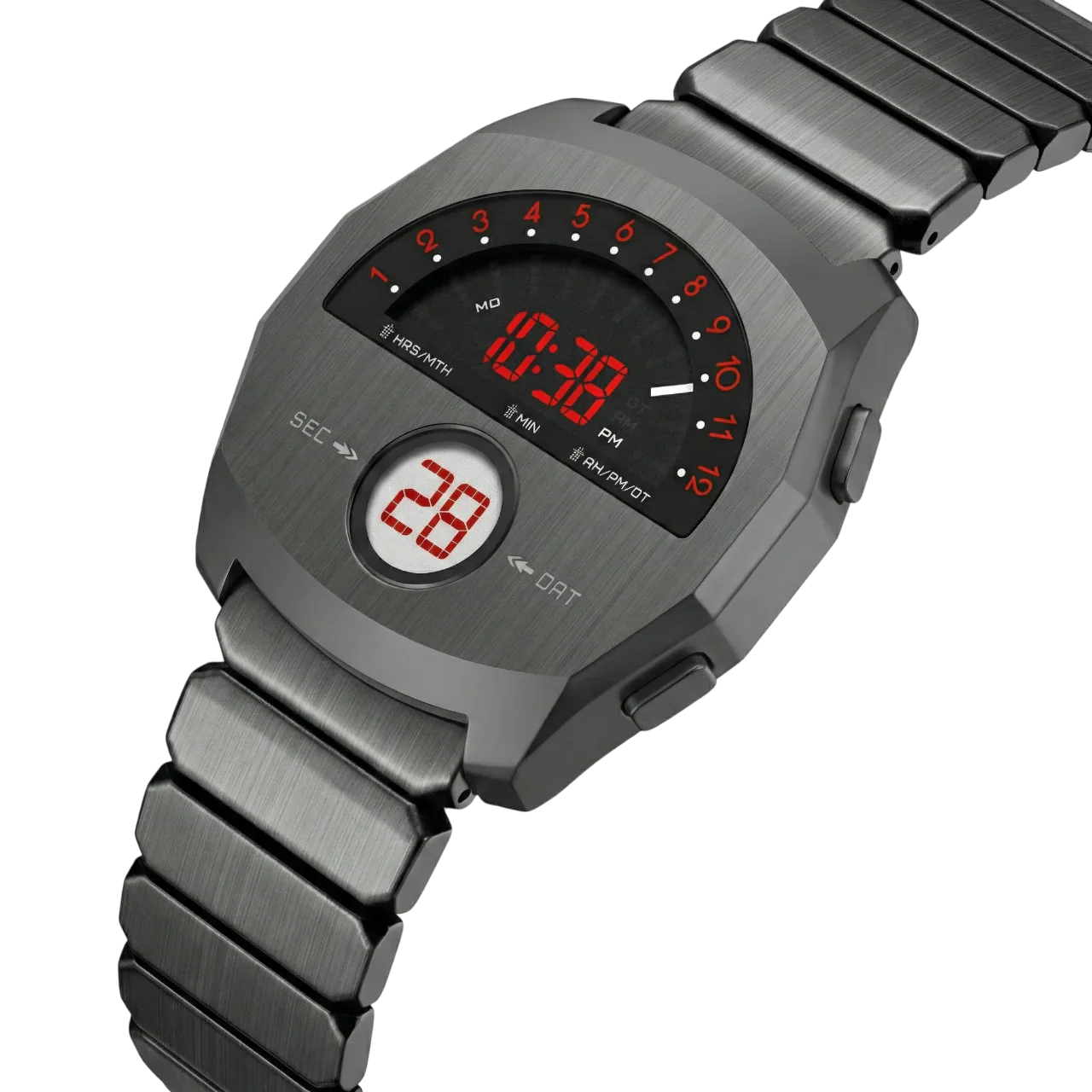 Giorgio Mareno NEPTIOR retro-futuristic metal digital dual display watch with sleek design and modern aesthetic.