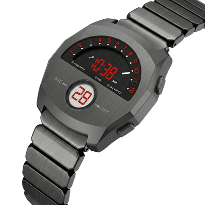 Giorgio Mareno NEPTIOR retro-futuristic metal digital dual display watch with sleek design and modern aesthetic.