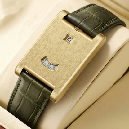 Giorgio Mareno DRYLAXO VX-580 rectangular jumping hour dress watch with a sleek black dial and silver case.