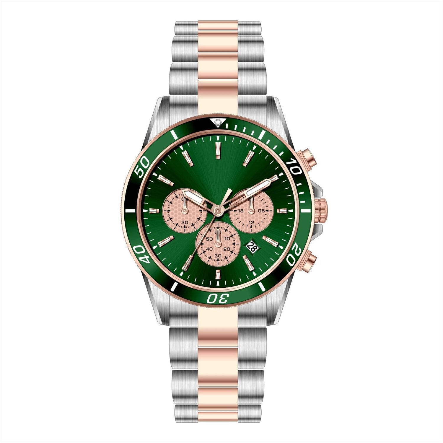 MERXON EG – Men’s Luxury Two-Tone Emerald Green Sunray Dial Chronograph Steel Watch