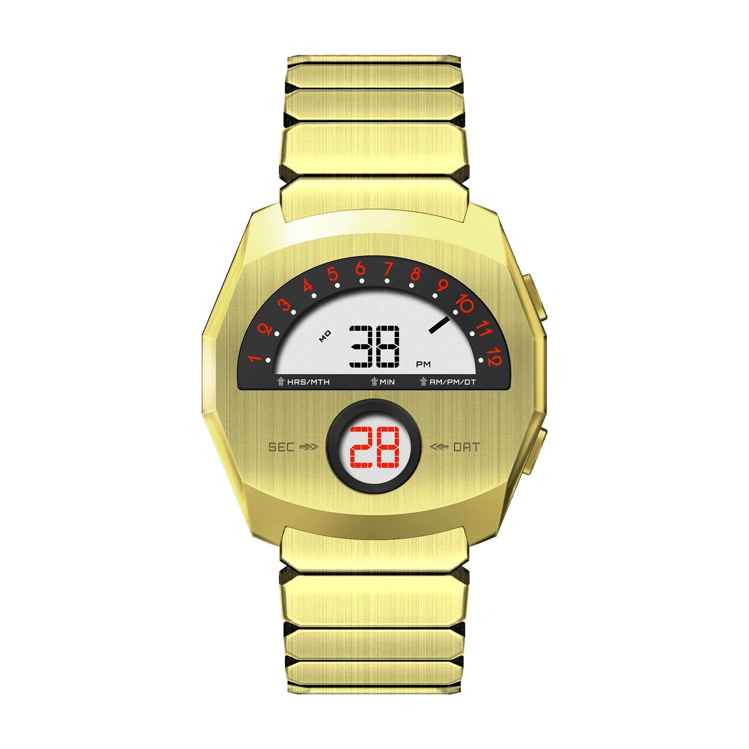 Giorgio Mareno NEPTIOR retro-futuristic metal digital dual display watch with sleek modern design and metallic finish.