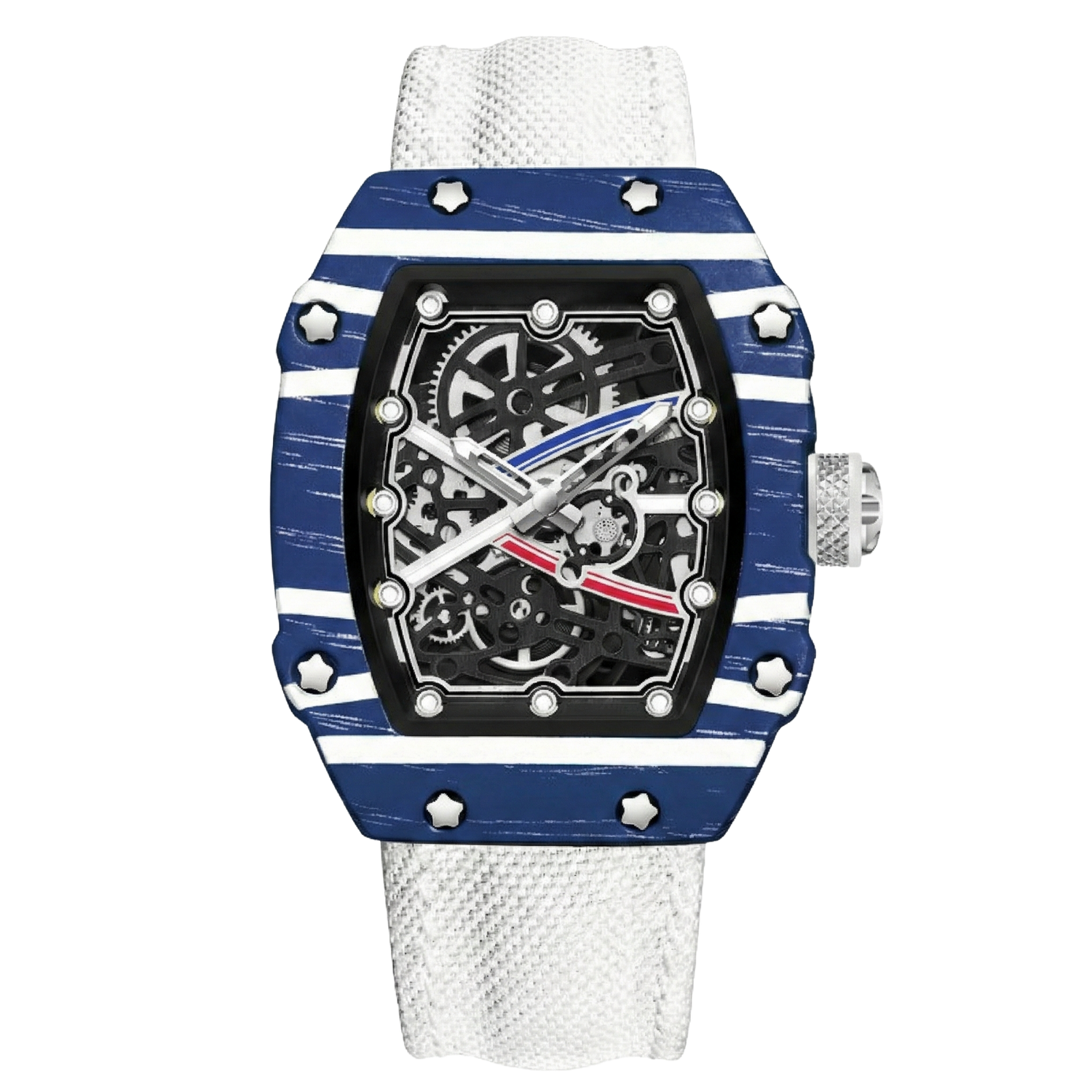 Giorgio Mareno KARYVEX Skeleton Tonneau Sport Watch with black leather strap and skeleton dial showing inner mechanisms