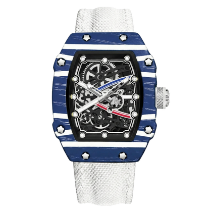 Giorgio Mareno KARYVEX Skeleton Tonneau Sport Watch with black leather strap and skeleton dial showing inner mechanisms