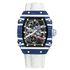 Giorgio Mareno KARYVEX Skeleton Tonneau Sport Watch with black leather strap and skeleton dial showing inner mechanisms