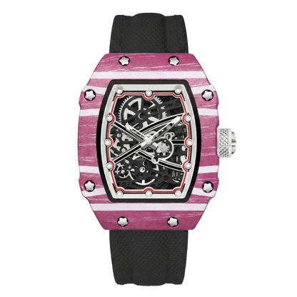Giorgio Mareno KARYVEX Skeleton Tonneau Sport Watch with stainless steel case and black leather strap, showcasing its intricate dial design.