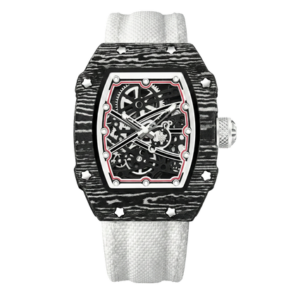 Giorgio Mareno KARYVEX Skeleton Tonneau Sport Watch with black dial and silver-tone case, showcasing intricate mechanical movement.