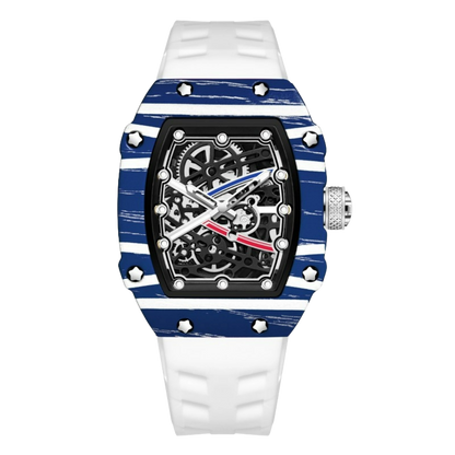 Skeleton sport watch by GIORGIO MARENO with black silicone strap, featuring a visible mechanical movement and modern design.