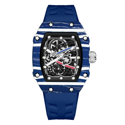 Skeleton sport watch by GIORGIO MARENO with a black silicone strap and skeleton dial, showcasing a modern, sporty design.