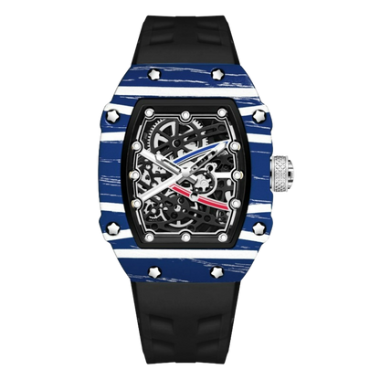 Skeleton sport watch with silicone strap from BRYVANO by GIORGIO MARENO, featuring a detailed skeleton dial and sporty design.