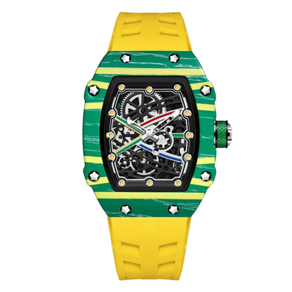 Skeleton sport watch by GIORGIO MARENO with black silicone strap and visible mechanical movement on a white background.