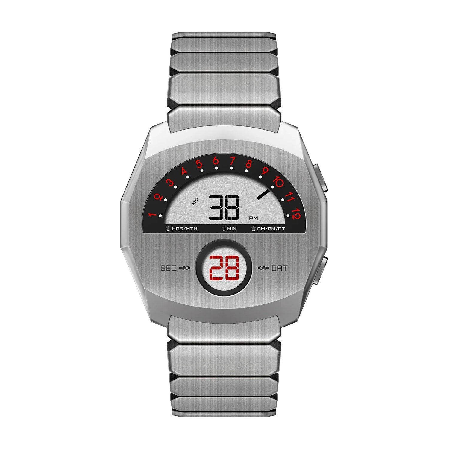 Giorgio Mareno NEPTIOR retro-futuristic metal digital dual display watch with sleek design and modern aesthetic.