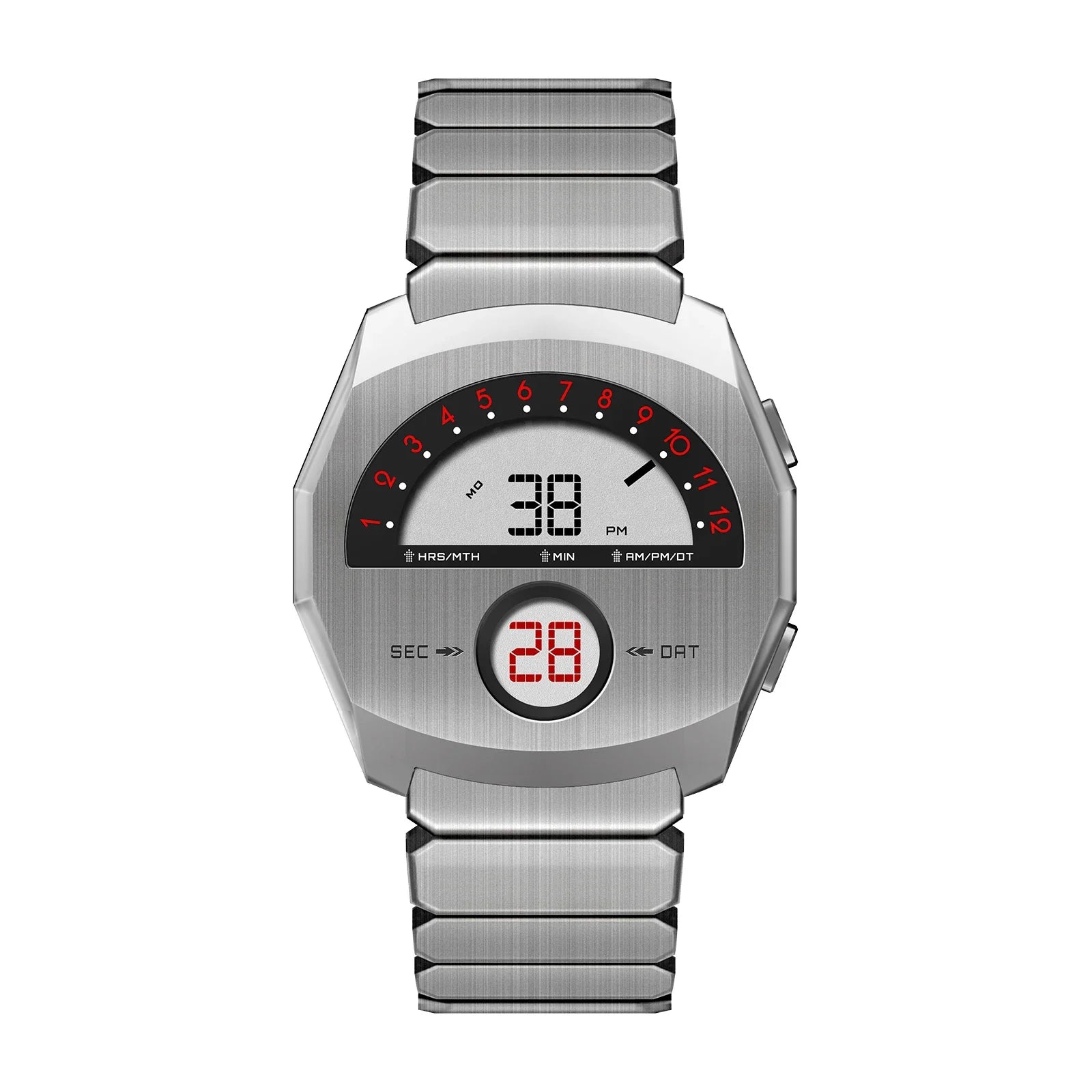 Giorgio Mareno NEPTIOR retro-futuristic metal digital dual display watch with sleek design and modern aesthetic.