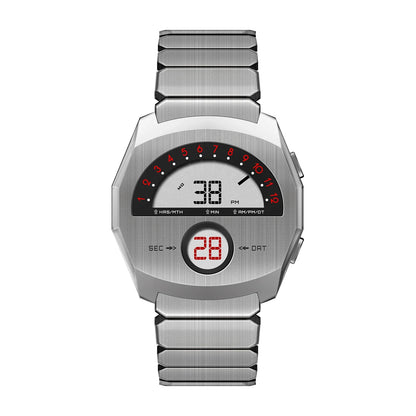 Giorgio Mareno NEPTIOR retro-futuristic metal digital dual display watch with sleek design and modern aesthetic.