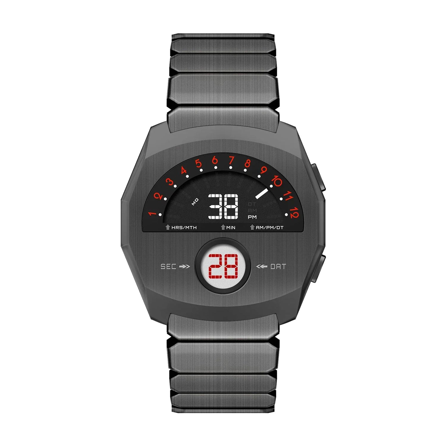 Modern stainless steel digital watch with red LED display, NEPTIOR retro-futuristic dual display watch by GIORGIO MARENO.